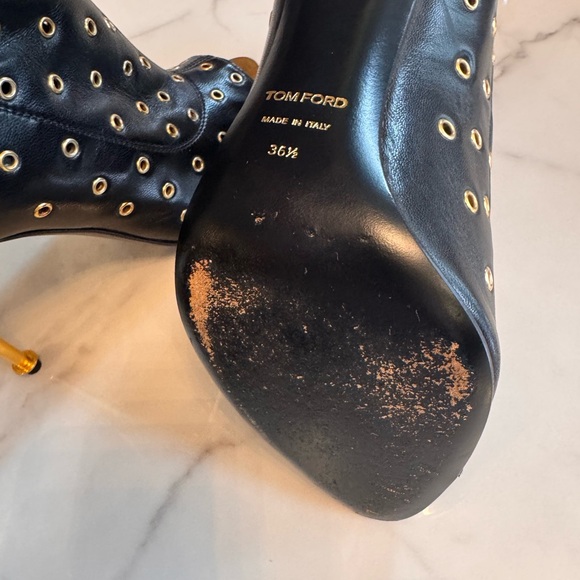 Tom Ford Black and Gold Grommet Heeled Boots with Metallic Stiletto. - Picture 5 of 7